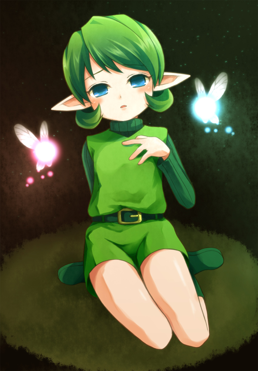 1girl, blue_eyes, commentary_request, expressionless, green_hair, green_tunic, highres, kabisuke