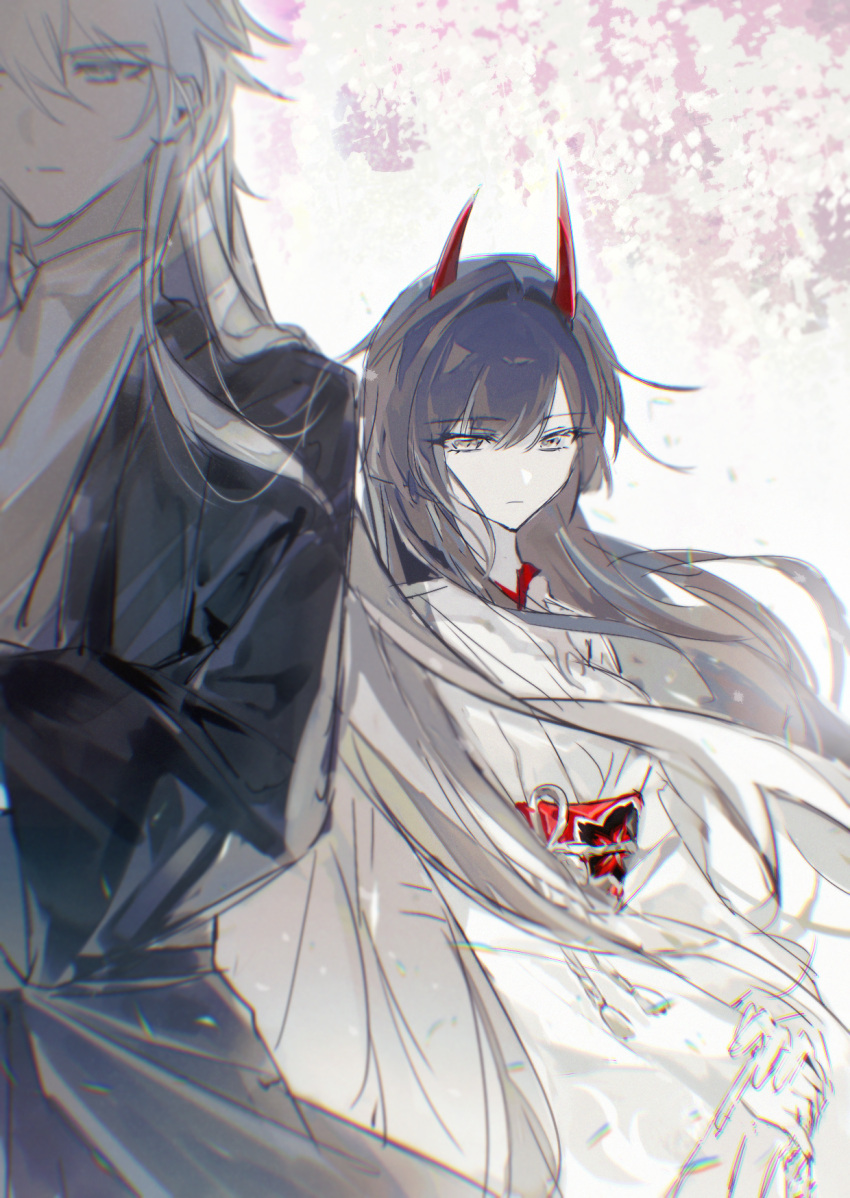 1boy, 1girl, acheron_(honkai:_star_rail), acheron_(izumo)_(honkai:_star_rail), asymmetrical_horns, blue_eyes, blurry, chinese_commentary