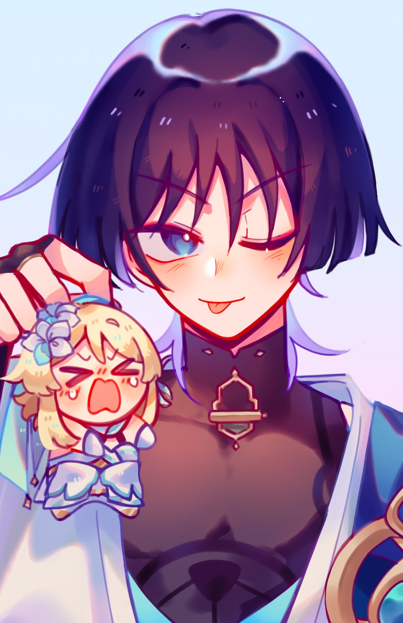 >_<, 1boy, 1girl, alphastroo, black_bodysuit, black_bridal_gauntlets, blonde_hair, blue_cape, blue_eyes, blue_feathers, blue_flower, blue_gemstone, blue_kimono, blue_trim, blunt_ends, blush, bodysuit, bridal_gauntlets, bright_pupils, cape, closed_eyes, detached_sleeves, dress, eyeliner, eyeshadow, facing_another, feather_hair_ornament, feathers, flower, gem, genshin_impact, gold, gold_ring, hair_flower, hair_ornament, highres, holding, holding_mini_person, japanese_clothes, juban, kimono, looking_at_viewer, lumine_(genshin_impact), makeup, mandarin_collar, middle_ring, mini_person, minigirl, multicolored_flower, one_eye_closed, open_mouth, outstretched_arms, purple_hair, red_eyeliner, red_eyeshadow, scaramouche_(genshin_impact), scarf, short_hair, short_hair_with_long_locks, shoulder_peek, sidelocks, tears, tongue, tongue_out, tsurime, v-shaped_eyebrows, vision_(genshin_impact), wanderer_(genshin_impact), white_background, white_dress, white_flower, white_kimono, white_pupils, white_scarf, white_sleeves, wispy_bangs