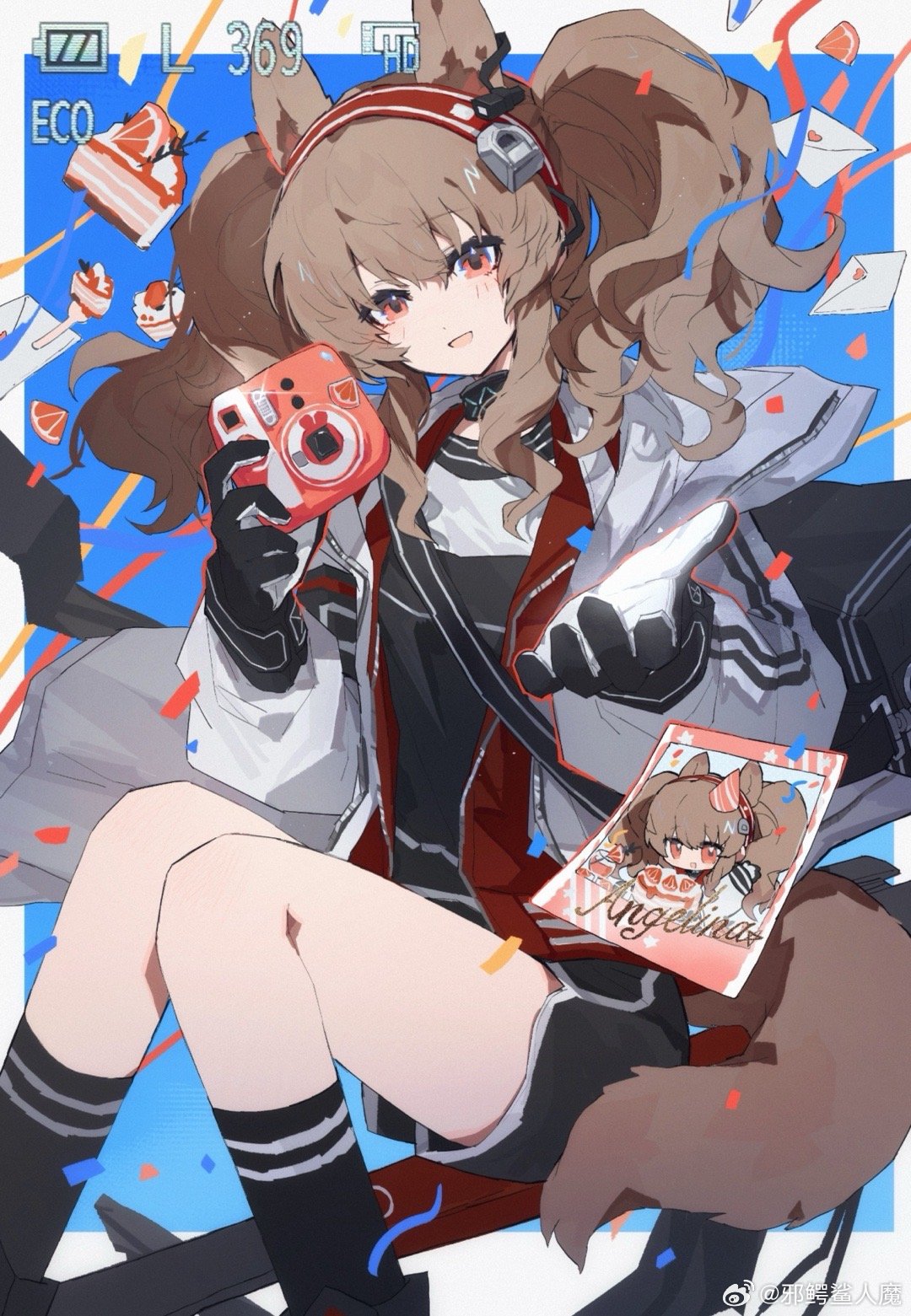 1girl, :d, angelina_(arknights), animal_ears, arknights, bag, battery_indicator, birthday