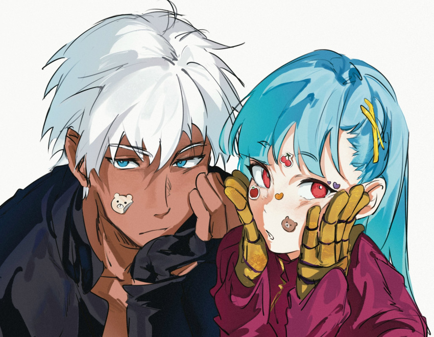 1boy, 1girl, black_gloves, black_jacket, blue_eyes, blue_hair, bodysuit, dark-skinned_male