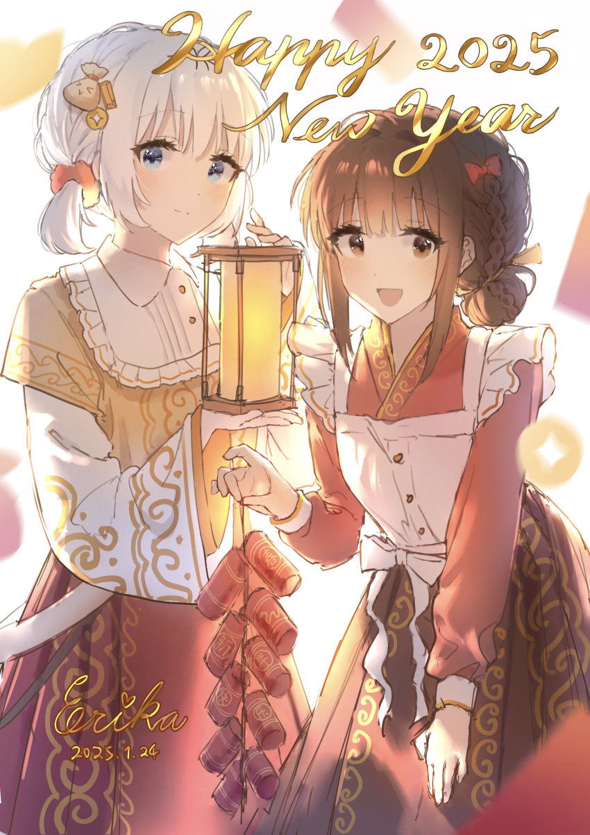 2025, 2girls, absurdres, apron, black_hair, blue_eyes, blush, braid, closed_mouth, collared_shirt, confetti, dress, erika_(user_spth3377), firecrackers, flat_chest, hair_bun, hair_ornament, hanamura_hinako, hands_up, happy_new_year, highres, holding, holding_fireworks, holding_lantern, kitanai_kimi_ga_ichiban_kawaii, lantern, layered_sleeves, long_dress, long_skirt, long_sleeves, looking_at_viewer, multiple_girls, open_mouth, red_dress, red_eyes, red_skirt, sezaki_airi, shirt, short_hair, short_over_long_sleeves, short_sleeves, side_braid, simple_background, single_hair_bun, skirt, smile, twintails, variant_set, white_apron, white_background, white_hair, white_shirt, yellow_shirt
