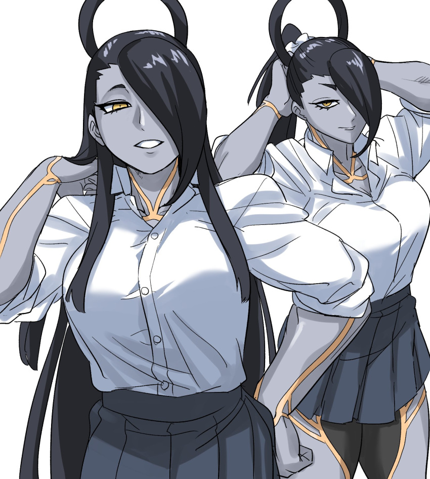 1girl, black_hair, breasts, closed_mouth, colored_skin, female_seth_(street_fighter), hair_over_one_eye, highres