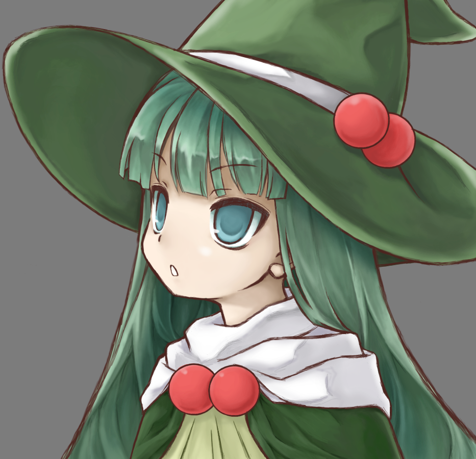 1girl, aged_down, blue_eyes, cloak, commentary_request, green_cloak, green_hair, grey_background
