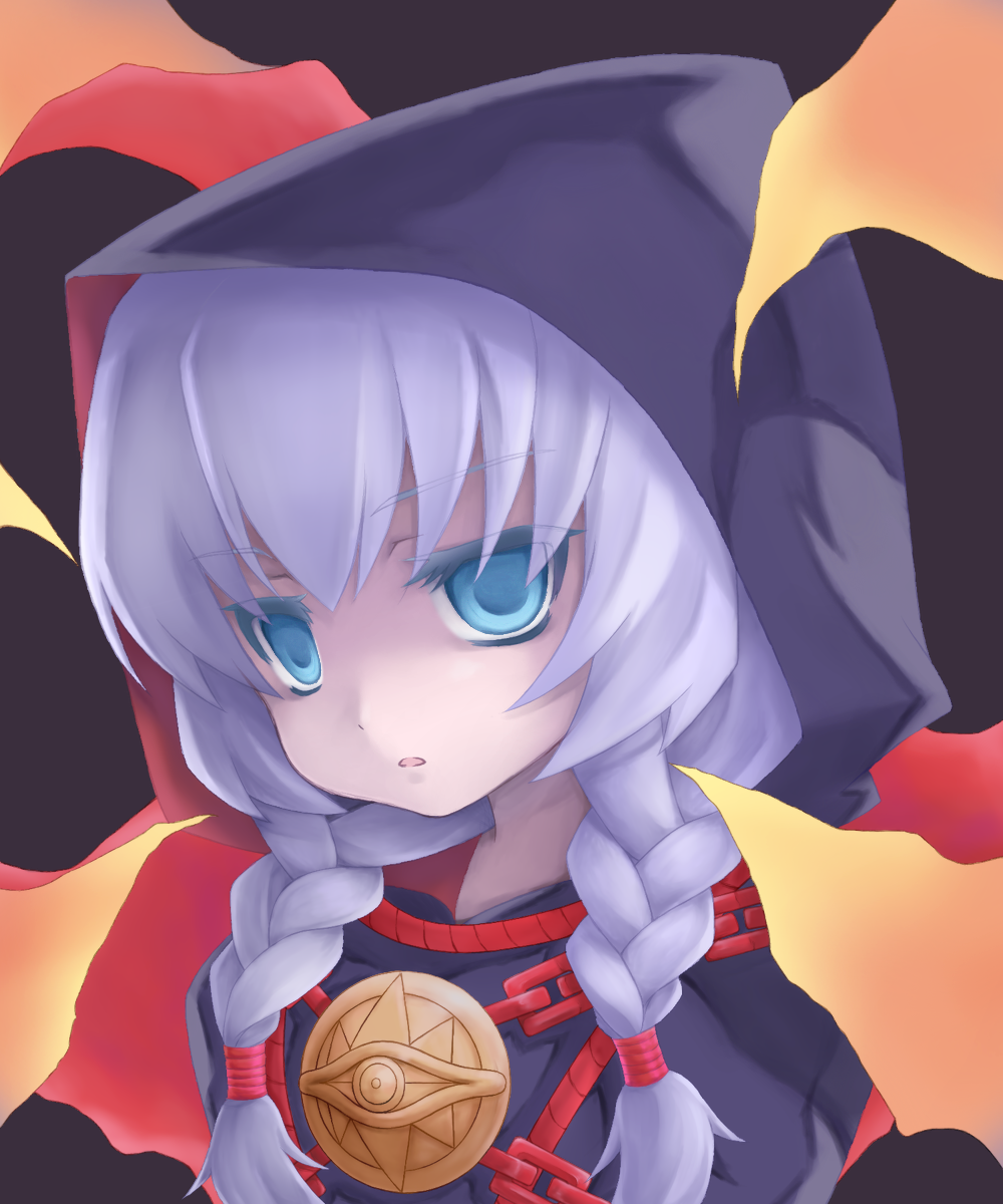 1girl, black_cloak, blue_eyes, braid, cloak, commentary_request, curse_maker, curse_maker_2