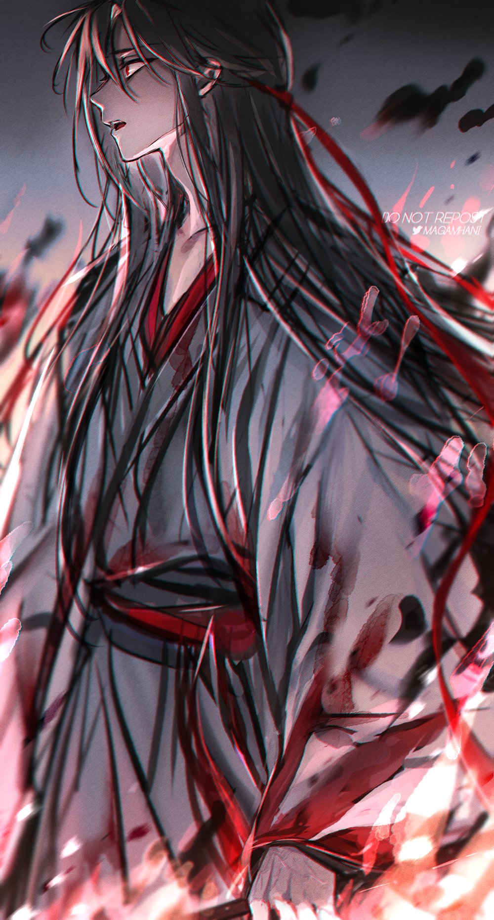 1boy, bishounen, black_hair, black_hanfu, black_smoke, blood, blood_on_clothes, burning
