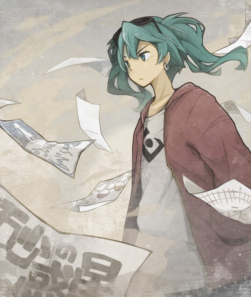1girl, aqua_eyes, aqua_hair, closed_mouth, commentary_request, earrings, eyewear_on_head, flying_paper