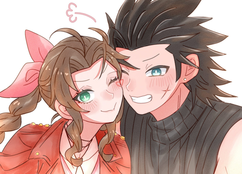 1boy, 1girl, 7_(milu577610), aerith_gainsborough, black_hair, black_sweater, blue_eyes, blush