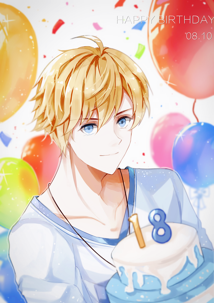 1boy, aguaaaaaa, ahoge, balloon, birthday, birthday_cake, blonde_hair, blue_eyes