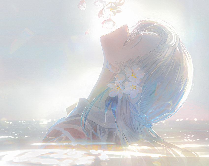 1girl, blue_hair, braid, closed_eyes, closed_mouth, cute_mdr, facing_up, flower