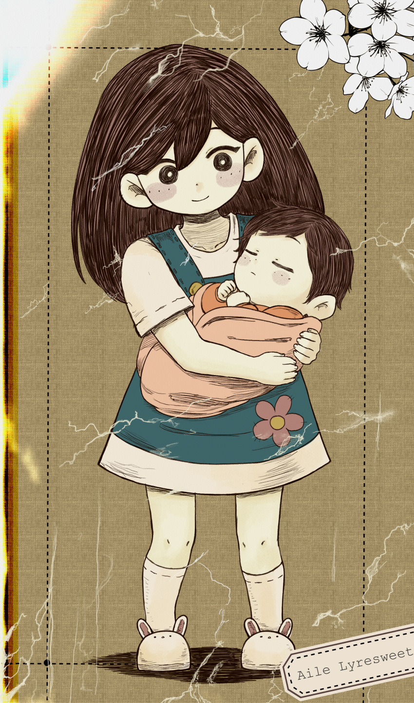 1boy, 1girl, absurdres, animal_slippers, artist_name, axl_sevens, baby, bad_id