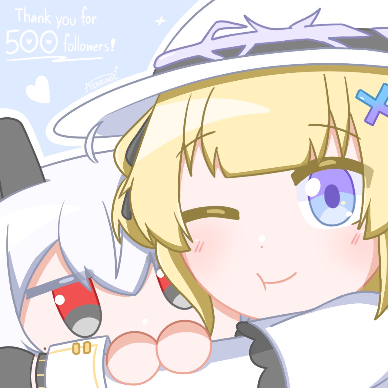 1girl, artist_logo, black_eyes, blonde_hair, blue_eyes, commentary, cube, curled_horns
