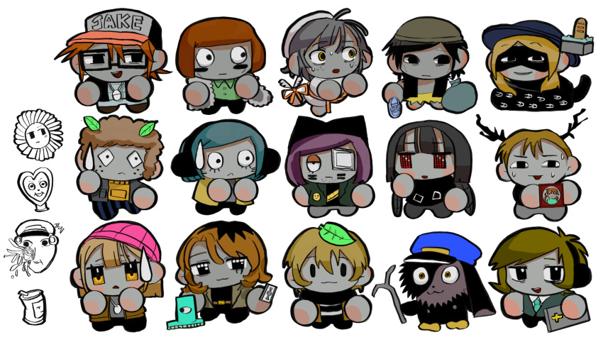 1other, 3girls, 6+boys, absurdres, black_eyes, character_request, chibi, commentary_request, highres, hitchhiker_a_(randal's_friends), hitchhiker_b_(randal's_friends), human_head, kitty_carpet_(randal's_friends), looking_at_viewer, luther_von_ivory, multiple_boys, multiple_girls, nana_(randal's_friends), nyen_(randal's_friends), nyon_(randal's_friends), randal's_friends, randal_ivory, sebastian_de_tomato_smith_chicken_legs, she_(randal's_friends), short_hair, simple_background, snake_girl, spider_girl_(randal's_friends), white_background, zakuro_(kdxd87965)