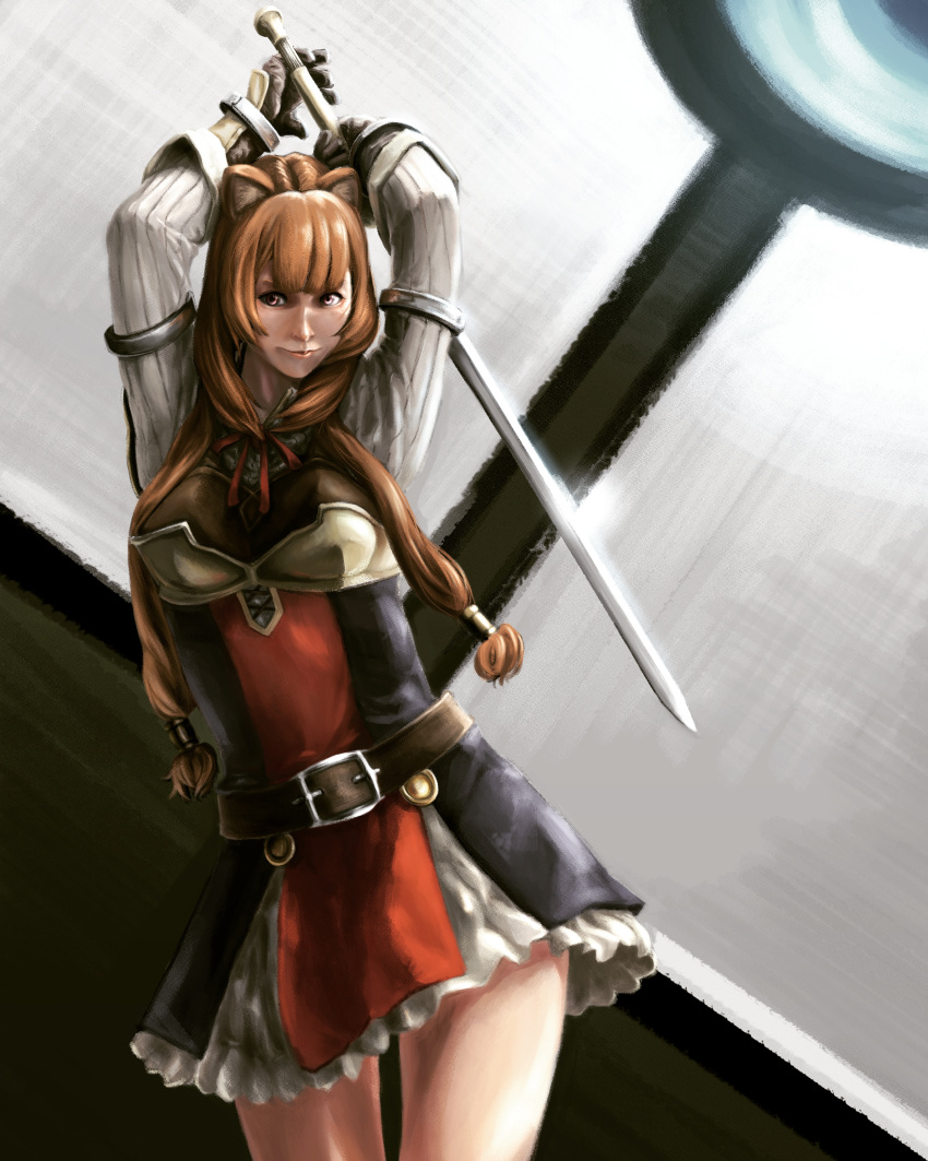 1girl, abstract_background, absurdres, animal_ear_fluff, animal_ears, armor, arms_behind_back, arms_up, belt, black_dress, breastplate, breasts, brown_belt, brown_hair, closed_mouth, collared_dress, commentary_request, cowboy_shot, dress, hair_tubes, high_collar, highres, holding, holding_sword, holding_weapon, layered_dress, leather_armor, leather_belt, lips, long_hair, long_sleeves, looking_at_viewer, medium_breasts, metal_hair_tubes, neck_ribbon, nose, raccoon_ears, raccoon_girl, red_dress, red_eyes, red_ribbon, ribbon, short_dress, sleeveless, sleeveless_dress, smile, solo, striped_clothes, striped_dress, sword, two-tone_dress, user_cknh2285, vertical-striped_clothes, vertical-striped_dress, weapon, white_dress