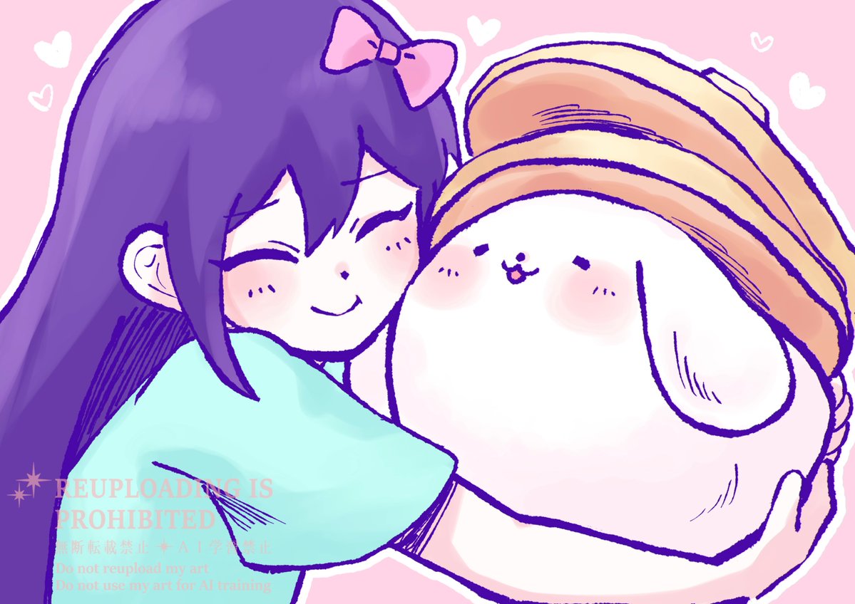 1girl, animal, aubrey_(headspace)_(omori), aubrey_(omori), blue_shirt, blush, bow, closed_eyes