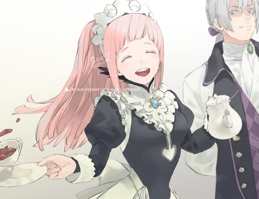 1boy, 1girl, 91007, :d, arched_bangs, arms_behind_back, artist_name, ascot, biting_own_lip, black_jacket, blue_brooch, breasts, brooch, butler, center_frills, closed_eyes, closed_mouth, clothing_cutout, collared_jacket, commentary_request, cup, dojikko, dropping, felicia_(fire_emblem), fire_emblem, fire_emblem_fates, frills, gradient_background, green_brooch, grey_background, grey_hair, happy, heart_cutout, high_collar, highres, holding, holding_saucer, holding_teapot, jacket, jakob_(fire_emblem), jewelry, juliet_sleeves, long_hair, long_sleeves, looking_at_another, maid, maid_headdress, medium_breasts, nohrian_maid_uniform, open_mouth, pink_hair, ponytail, puffy_sleeves, saucer, sidelocks, signature, sleeveless, sleeveless_jacket, smile, teacup, teapot, teeth, twitter_username, upper_body, upper_teeth_only, watermark, white_ascot, wide-eyed, wide_ponytail