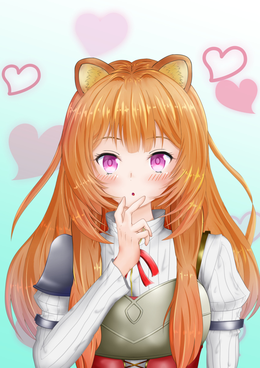 1girl, :o, animal_ear_fluff, animal_ears, armor, blue_background, blush, breastplate