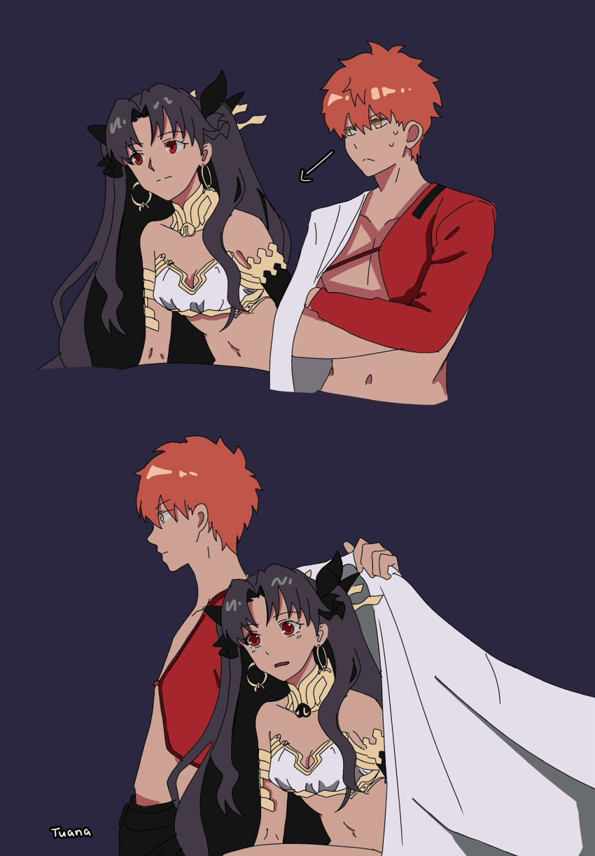 1boy, 1girl, armlet, artist_name, bikini, black_hair, cape, earrings