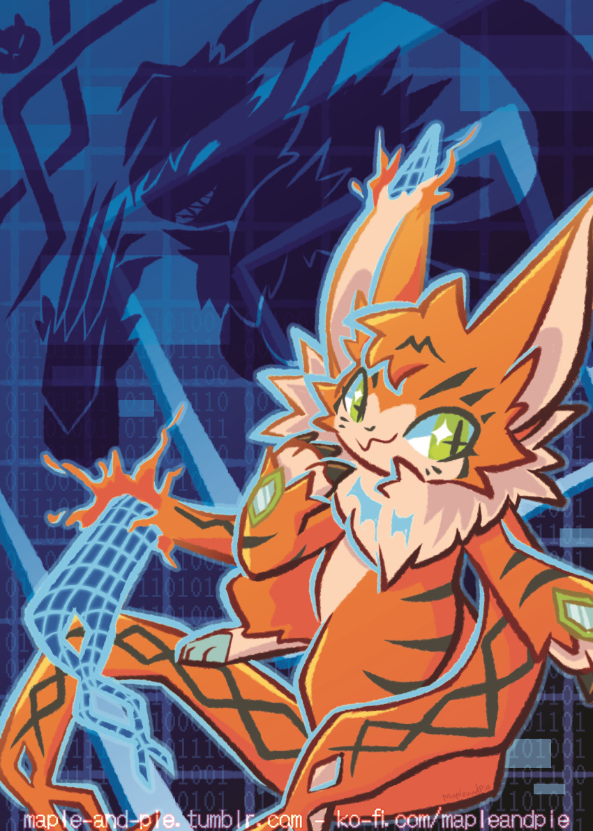 absurdres, cat, claws, corruption, digimon, green_eyes, hexagon, highres, mapleandpie, meicoomon, meicrackmon_(vicious_mode), orange_fur, sharp_teeth, silhouette, symbol-shaped_pupils, tail, teeth