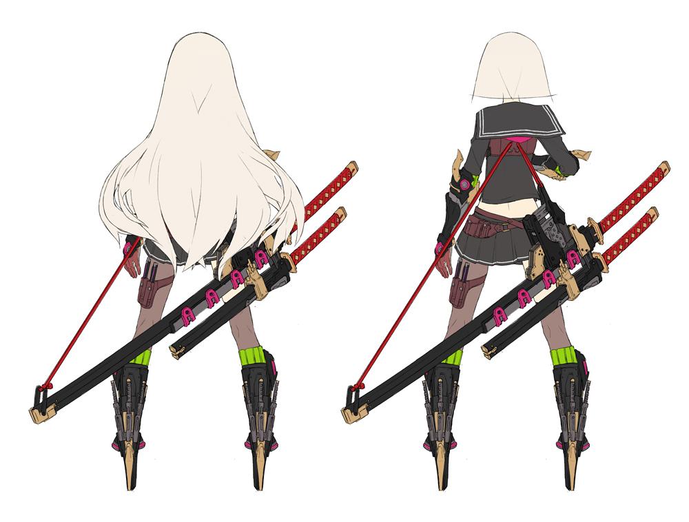 1girl, black_sailor_collar, black_serafuku, black_shirt, black_skirt, blonde_hair, from_behind, heavily_armed_high_school_girls