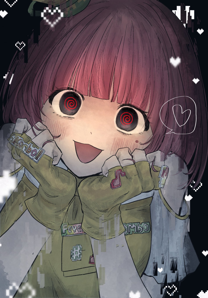 1girl, @_@, bare_shoulders, black_hair, blush, dark, fingerless_gloves, glitch, gloves, heart, highres, kamen_rider, kamen_rider_ex-aid_(series), looking_at_viewer, mole, mole_under_eye, musical_note, open_mouth, pink_hair, pixelated, poppi_pipopapo, short_hair, short_sleeves, solo, upper_body, yellow_gloves, yuge_(white321ice)