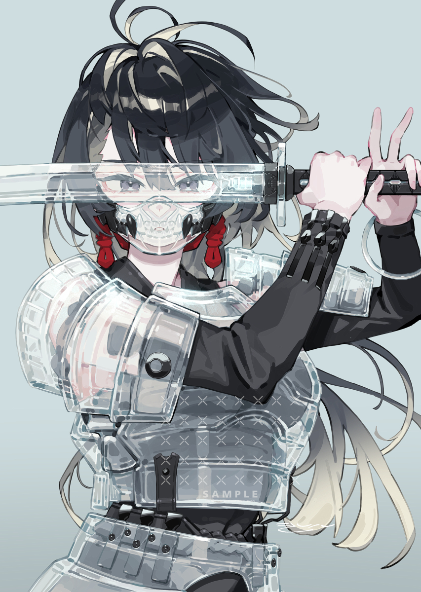 1girl, armor, black_eyes, black_hair, black_shirt, commentary_request, detached_sleeves, gradient_hair, grey_background, hands_up, highres, holding, holding_sword, holding_weapon, kinshi, long_hair, long_sleeves, looking_at_viewer, mask, multicolored_hair, original, pauldrons, sample_watermark, see-through_armor, see-through_clothes, see-through_mask, shirt, shoulder_armor, simple_background, solo, sword, upper_body, watermark, weapon, white_hair