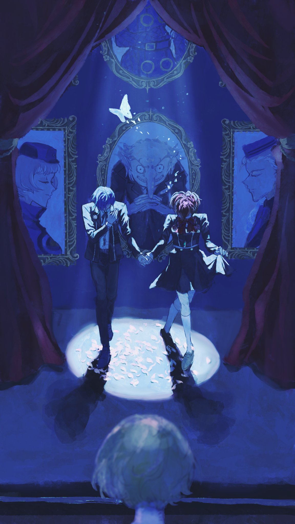 3boys, 3girls, aigis_(persona), black_jacket, black_pants, black_skirt, blonde_hair, blue_hair