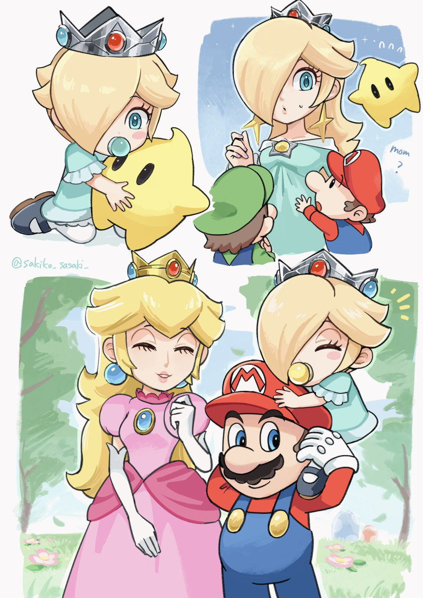 2girls, 3boys, baby_luigi, baby_mario, baby_rosalina, blonde_hair, blue_dress, blue_eyes