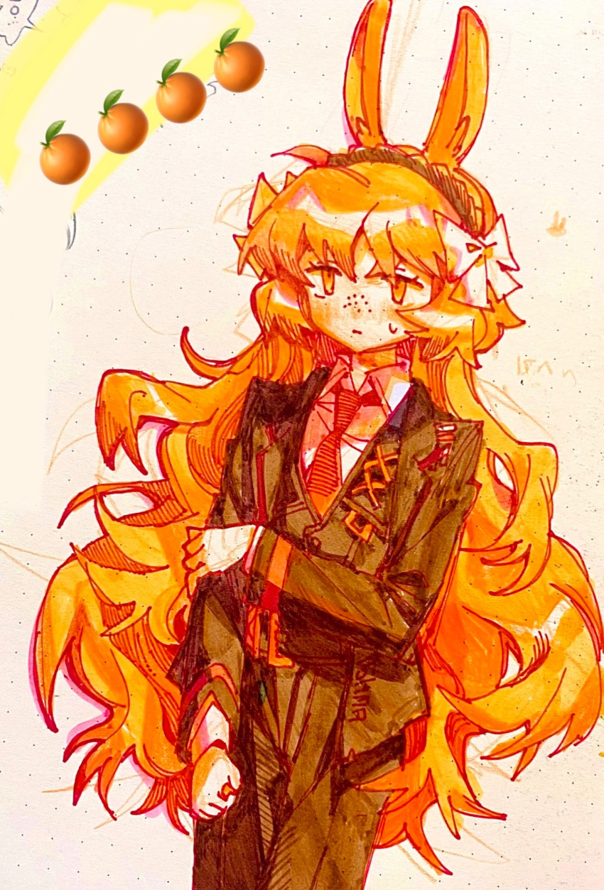 1girl, animal_ears, black_jacket, black_pants, bow, collared_shirt, food, freckles, fruit, full_body, hair_bow, highres, ishmael_(project_moon), jacket, kampuzu, limbus_company, limited_palette, long_hair, long_sleeves, looking_at_viewer, necktie, orange_(fruit), orange_eyes, orange_hair, pants, project_moon, rabbit_ears, red_necktie, shirt, simple_background, solo, standing, sweatdrop, very_long_hair, white_background, white_bow, white_shirt