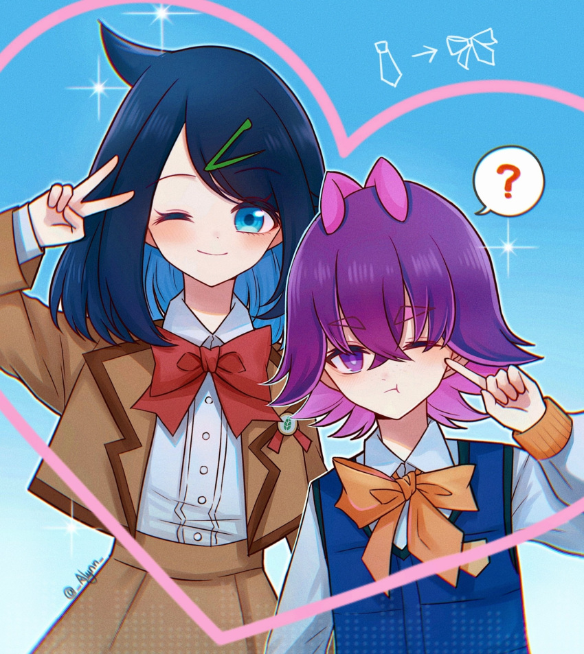 2girls, ;), ?, absurdres, alynn610, black_hair, blue_eyes, blue_hair