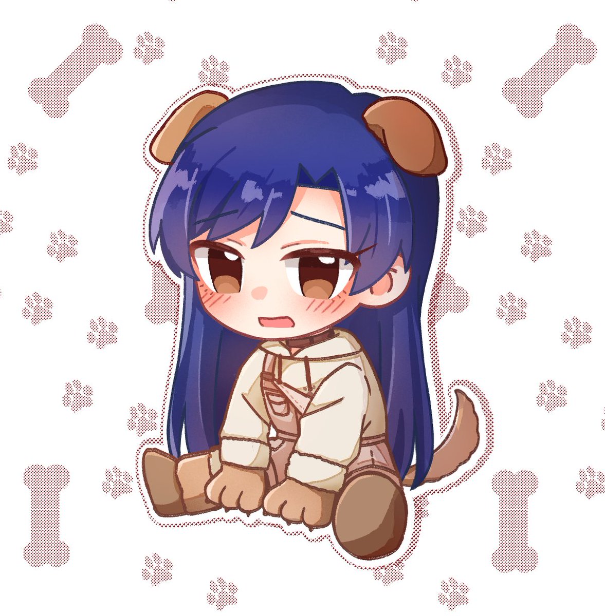 1girl, animal_ears, animal_hands, arms_between_legs, blue_hair, blush, boots, brown_boots