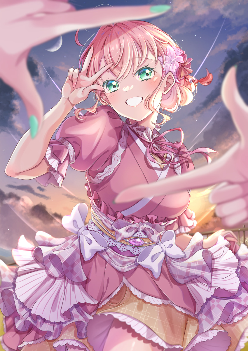 2girls, absurdres, breasts, clouds, cloudy_sky, commentary, crescent_moon, finger_frame, frills, green_eyes, green_nails, grin, highres, hinoshita_kaho, iroenpitsu_xxx, link!_like!_love_live!, looking_at_viewer, love_live!, medium_breasts, moon, multiple_girls, orange_hair, pov, sky, smile, sugao_no_pixel, sunset