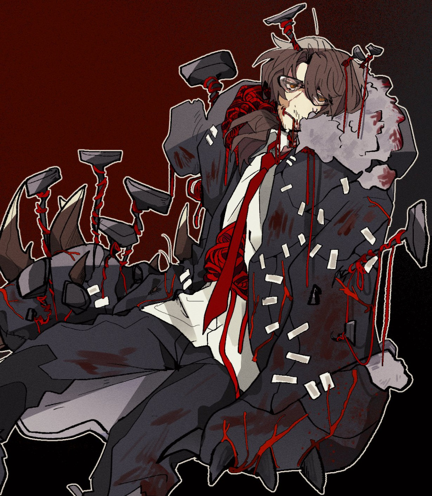 1boy, bear_claws, blood, blood_on_clothes, brown_eyes, brown_hair, claws, collared_shirt