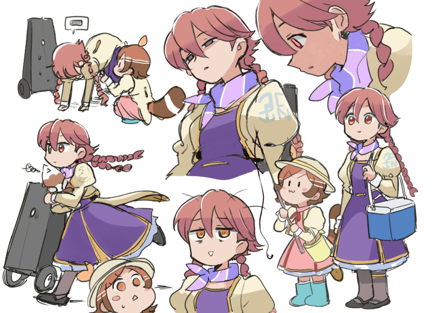 2girls, apocalypse_hotel, ascot, braid, brown_eyes, brown_hair, cropped_jacket, dress, kankyou_check_robo, long_sleeves, multicolored_scarf, multiple_girls, non-humanoid_robot, pink_hair, ponko_procione, puffy_sleeves, purple_ascot, robot, scarf, simple_background, tsubobot, twin_braids, twintails, white_background, yachiyo_(apocalypse_hotel)