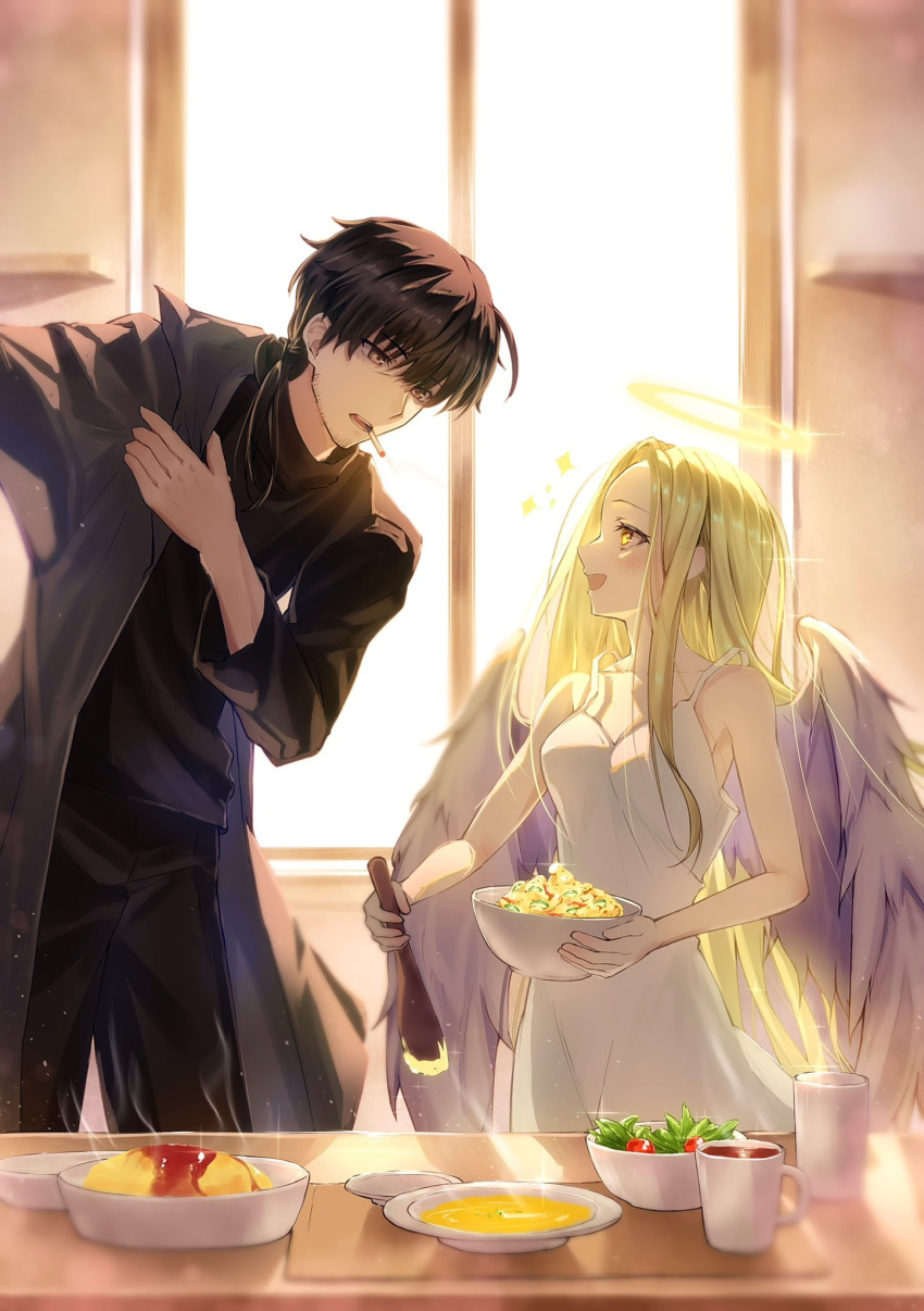1boy, 1girl, angel_notes, angel_wings, bare_shoulders, beard, black_jacket, black_pants