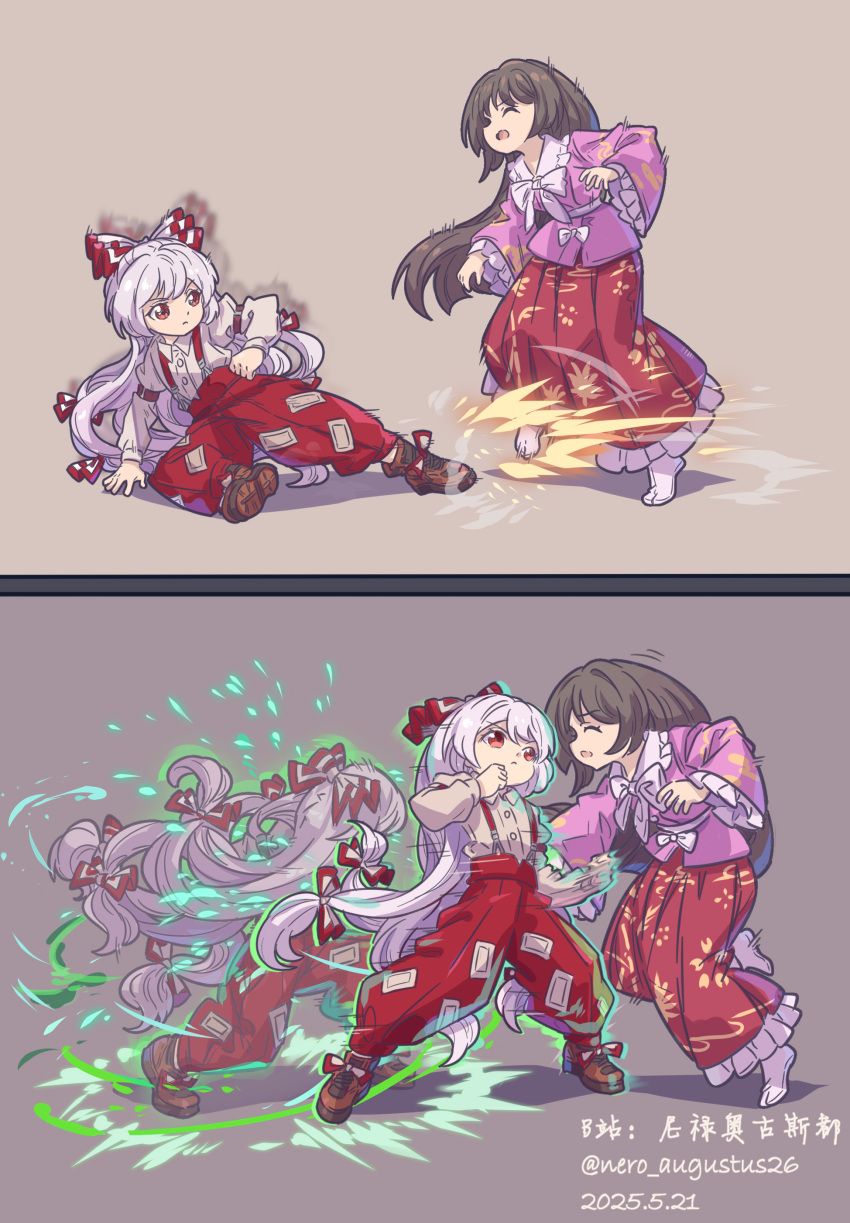 2girls, absurdres, afterimage, aura, bow, brown_hair, chinese_commentary, combo, commentary_request, dashing, dated, drive_rush, ducking, fujiwara_no_mokou, gameplay_mechanics, green_aura, hair_bow, highres, houraisan_kaguya, jab, ken_masters, kicking, long_hair, multiple_girls, multiple_hair_bows, nero_augustus, pink_shirt, punching, red_bow, red_eyes, red_skirt, shirt, signature, skirt, street_fighter, street_fighter_6, suspender_pants, touhou, twitter_username, white_hair