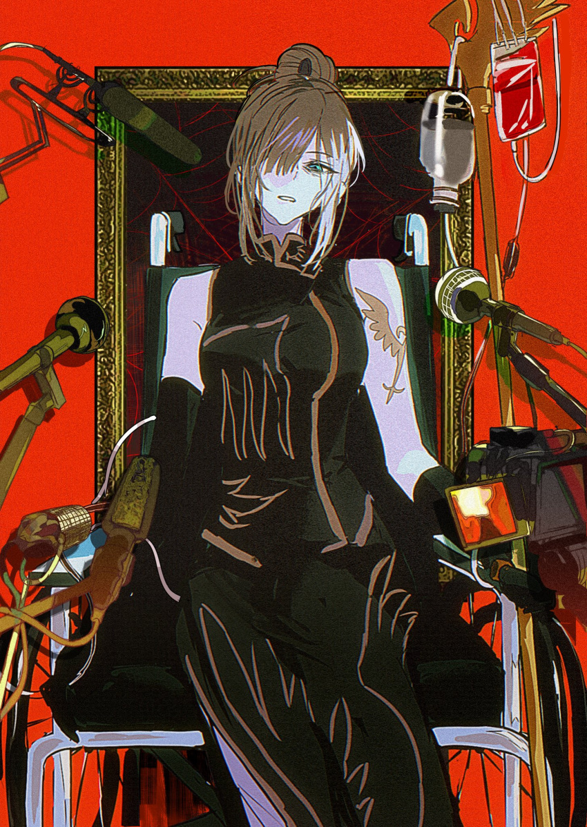 1girl, aqua_eyes, arm_tattoo, brown_hair, chair, chinese_clothes, dress, gloves