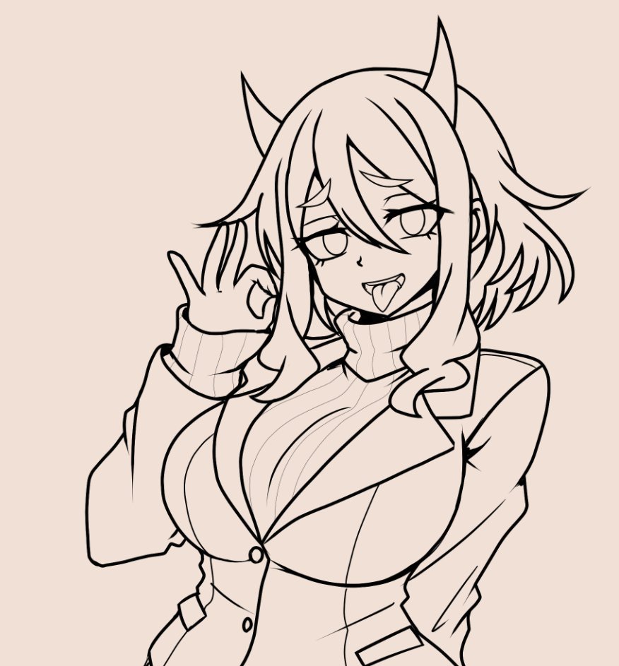 1girl, black_jacket, blush, breasts, demon_girl, demon_horns, fellatio_gesture, fujita_yoshinobu_(ksk_oda)