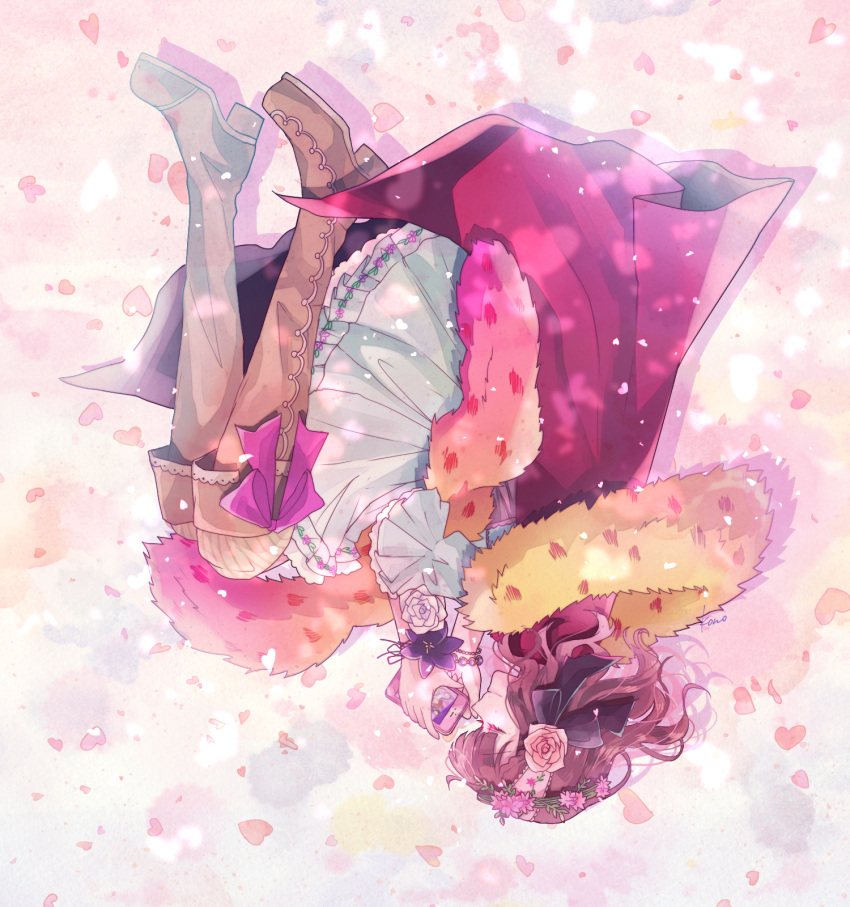 1girl, ani_inako, blue_ribbon, boots, bracelet, brown_boots, brown_hair, cape