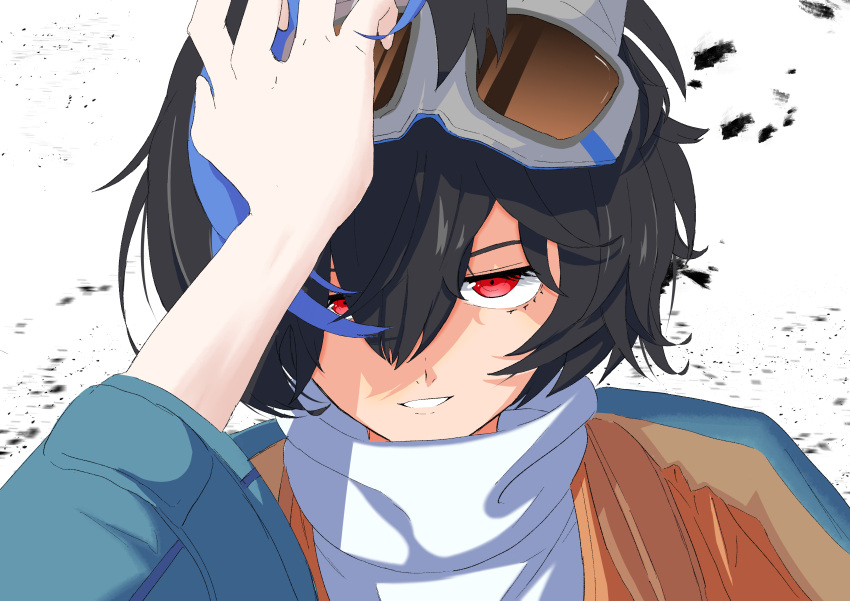 1girl, absurdres, androgynous, black_hair, blue_jacket, blue_streaks, commentary_request, goggles