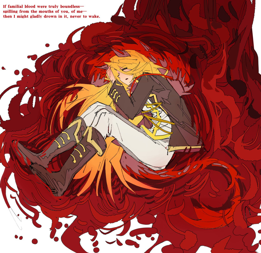 1girl, bjio191639, black_coat, black_shoes, blonde_hair, blood, closed_eyes, coat