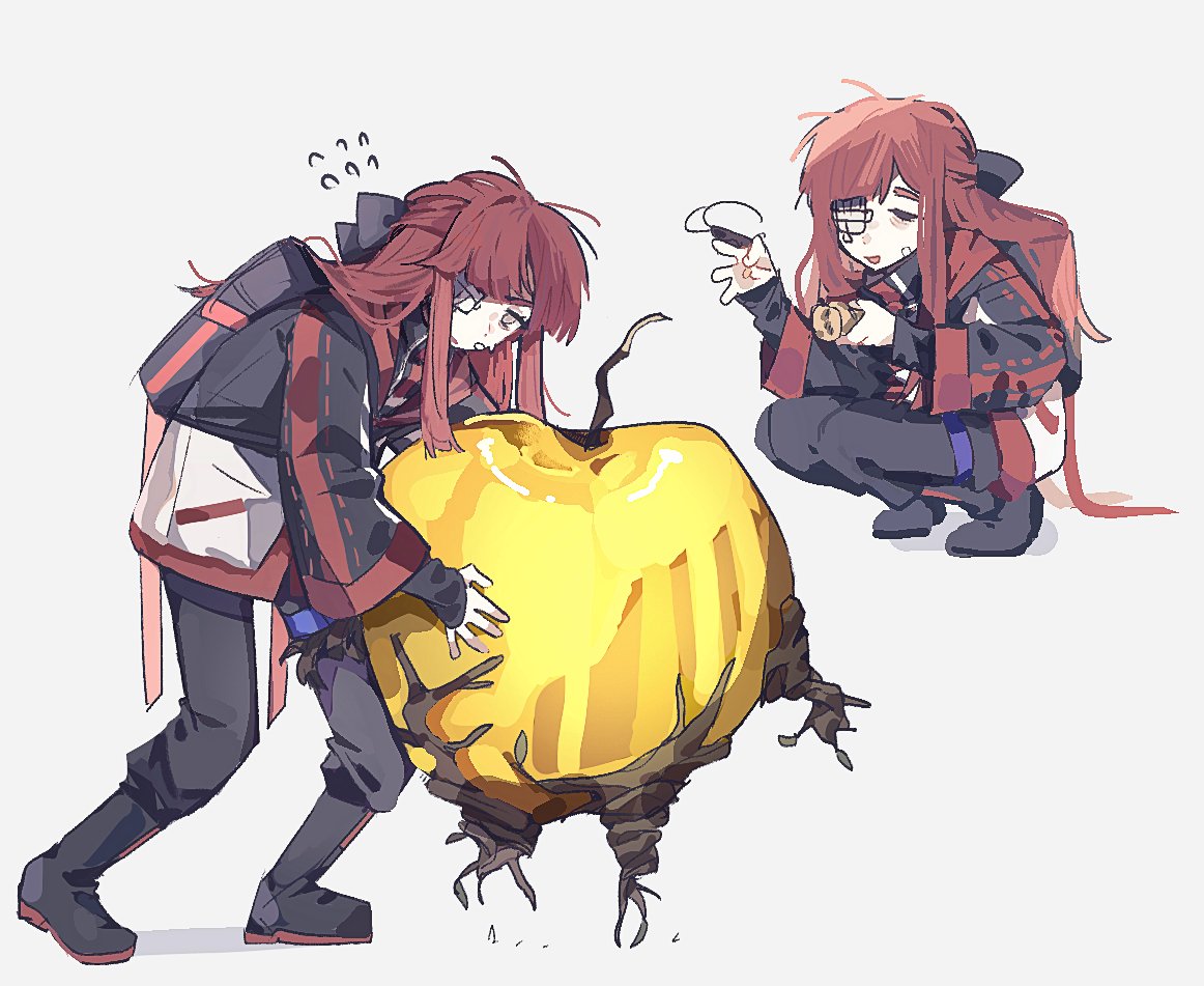 1girl, apple, black_bag, black_bow, black_jacket, black_pants, black_shoes, blunt_ends