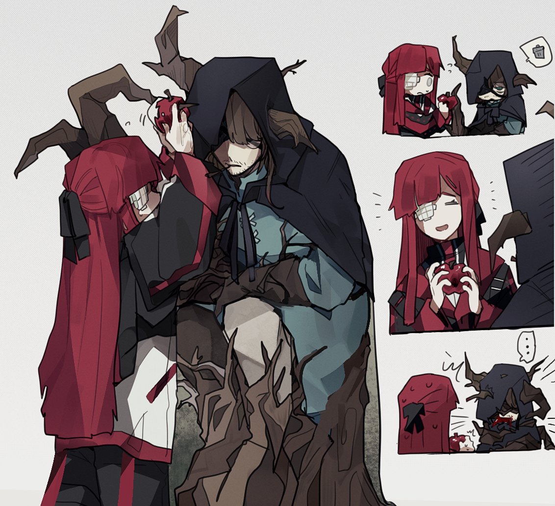 1boy, 1girl, apple, black_bow, black_cape, black_hood, blue_shirt, blunt_ends