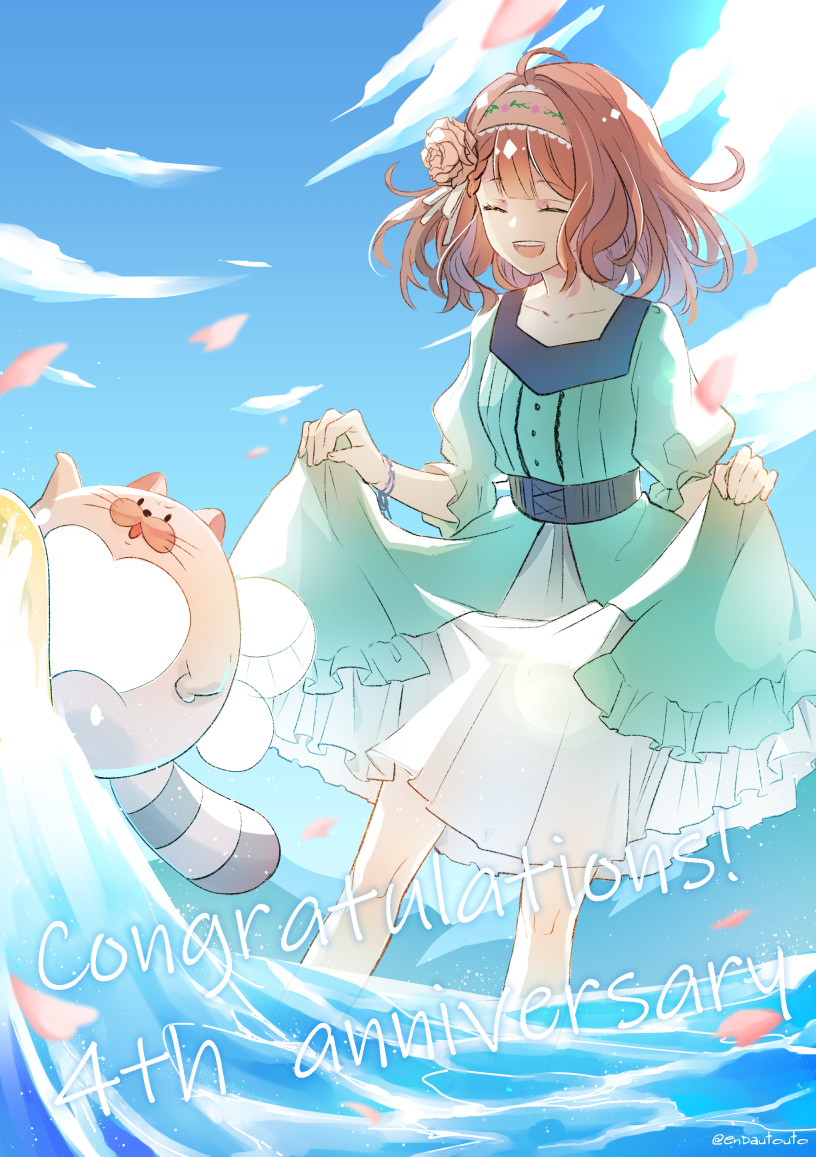 1girl, ani_inako, anniversary, blue_dress, brown_hair, closed_eyes, clouds, collarbone