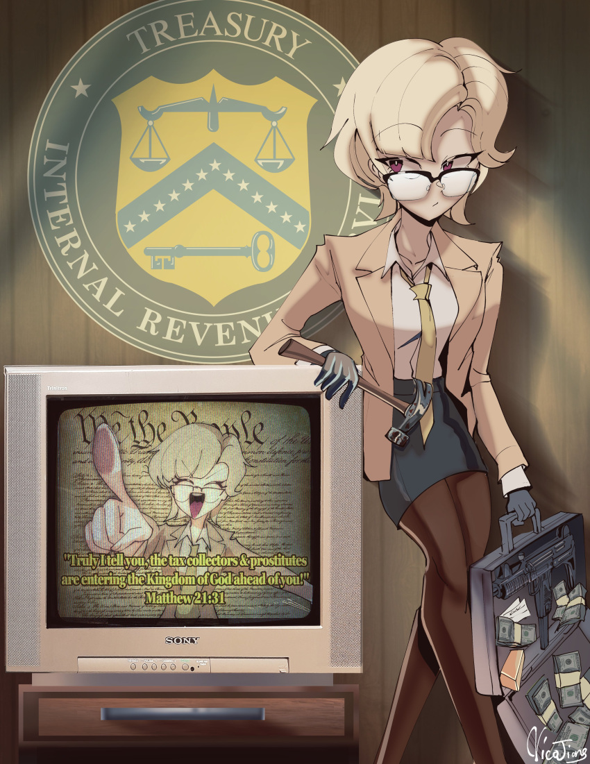1girl, absurdres, blonde_hair, briefcase, crt, glasses, gun, hammer