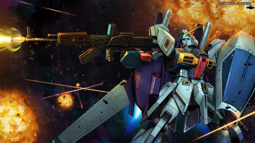 absurdres, aiming, battle, beam_rifle, char's_counterattack, company_name, copyright_notice, debris