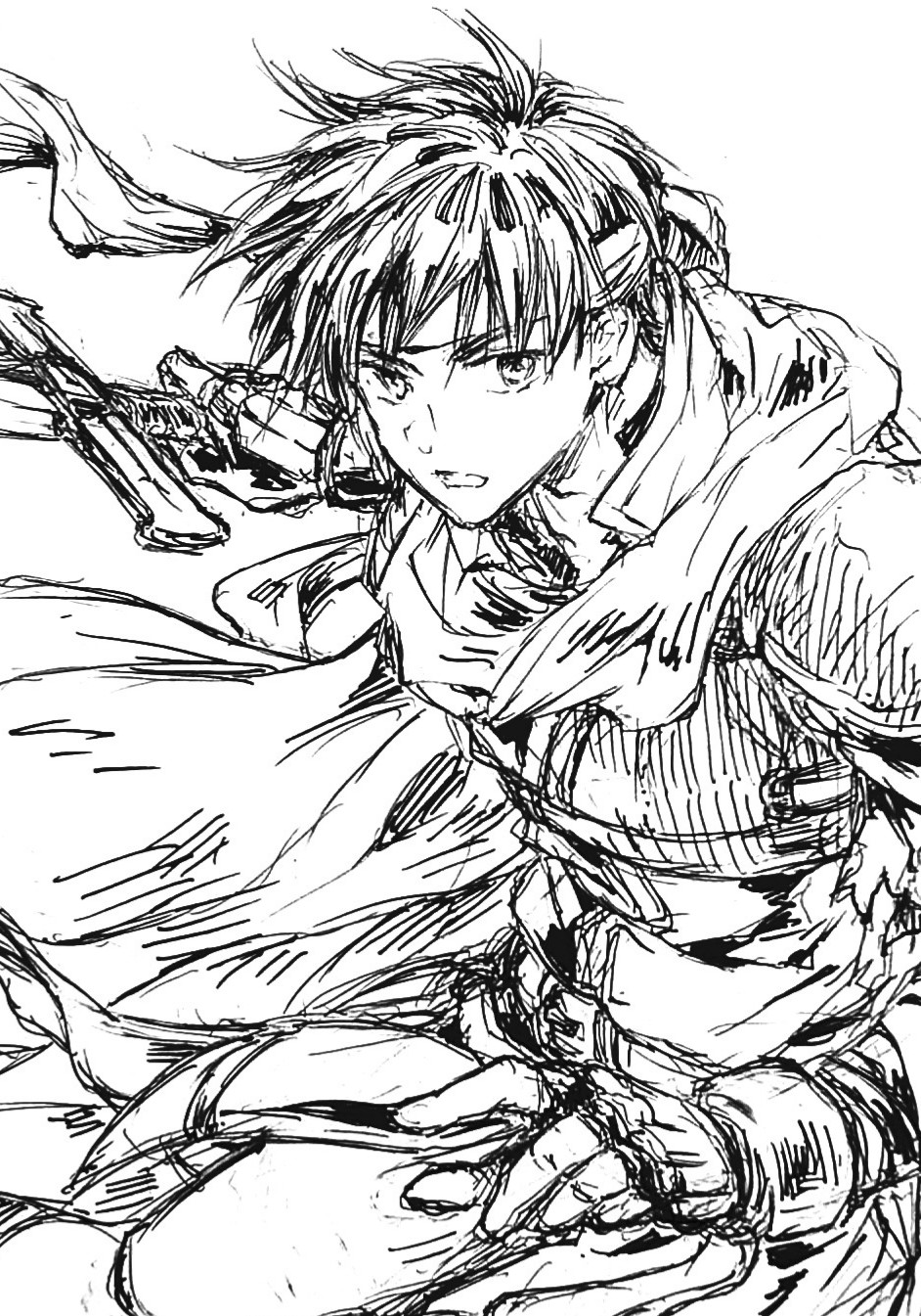 1boy, cape, commentary_request, fire_emblem, fire_emblem:_path_of_radiance, headband, highres, holding, holding_sword, holding_weapon, ike_(fire_emblem), jelly_(hnt1111), male_focus, monochrome, short_hair, sketch, solo, sword, weapon