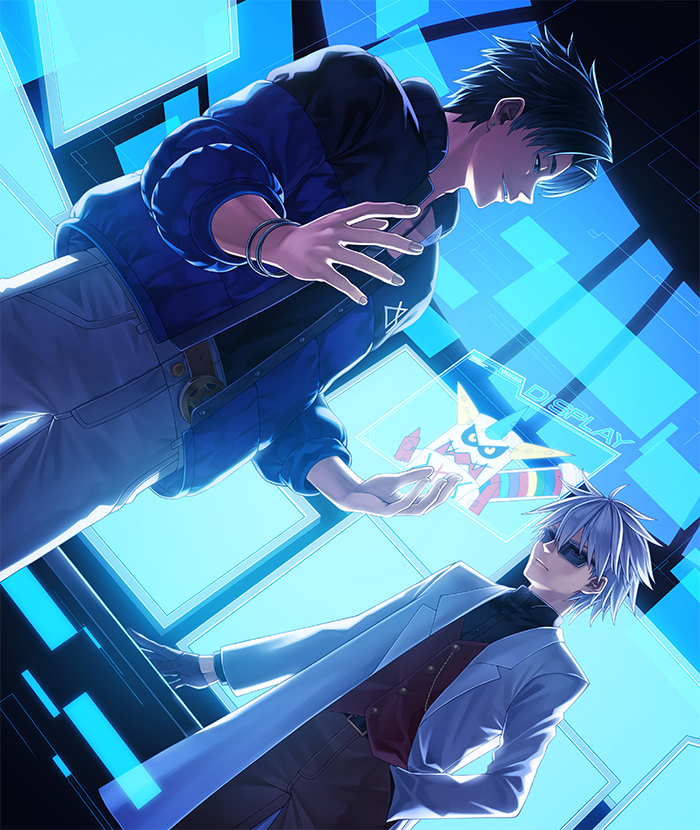 2boys, black_hair, black_shirt, blue_jacket, coat, cool_boy_(digimon), cowboy_shot, digimon