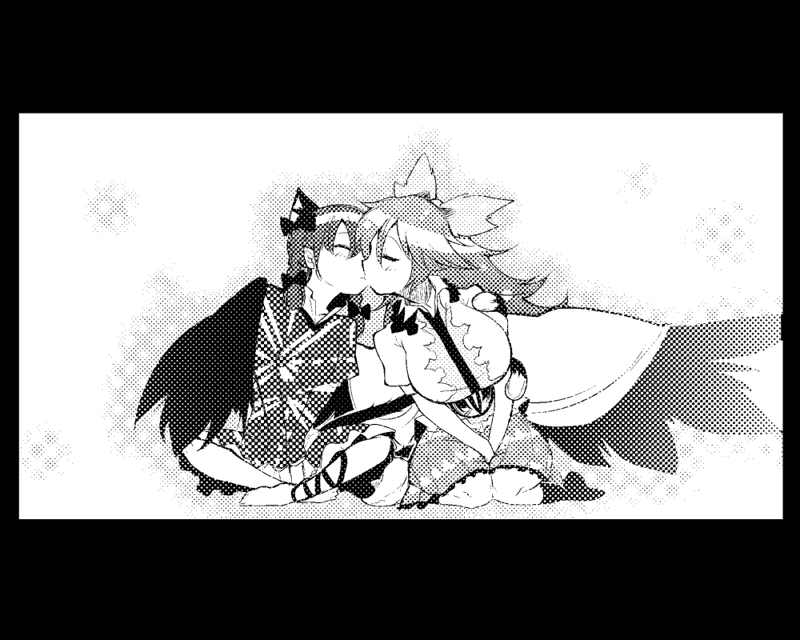 blush, bow, comic, hair_bow, hokuto_(scichil), indian_style, kaenbyou_rin, kiss