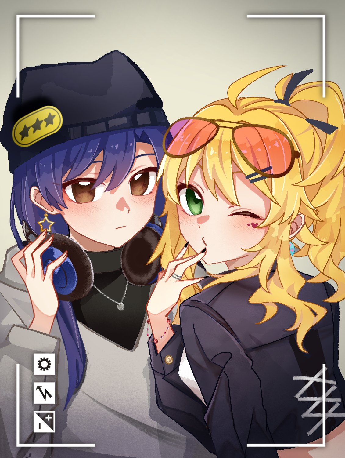 2girls, ahoge, beanie, black_hat, black_jacket, black_nails, blonde_hair, blue_hair